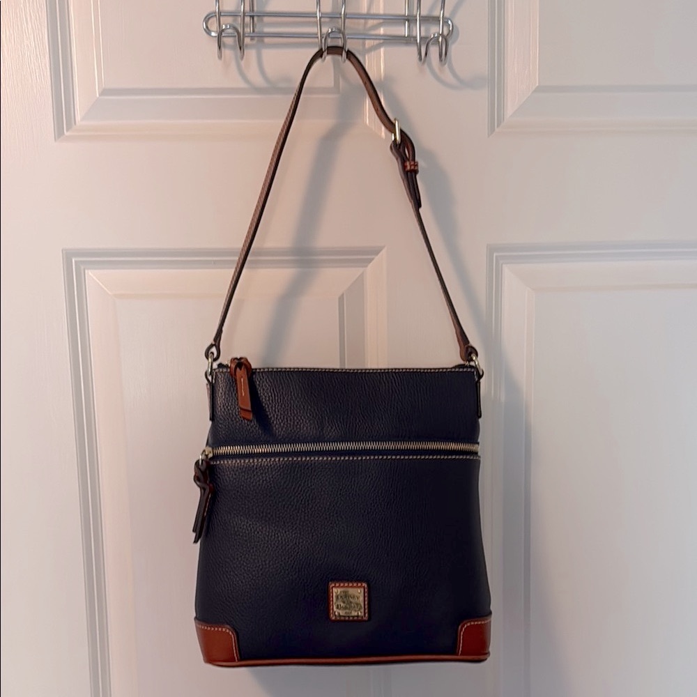 Dooney & Bourke Navy & Brown Leather Crossbody Bag, apprx 10”x 10” size